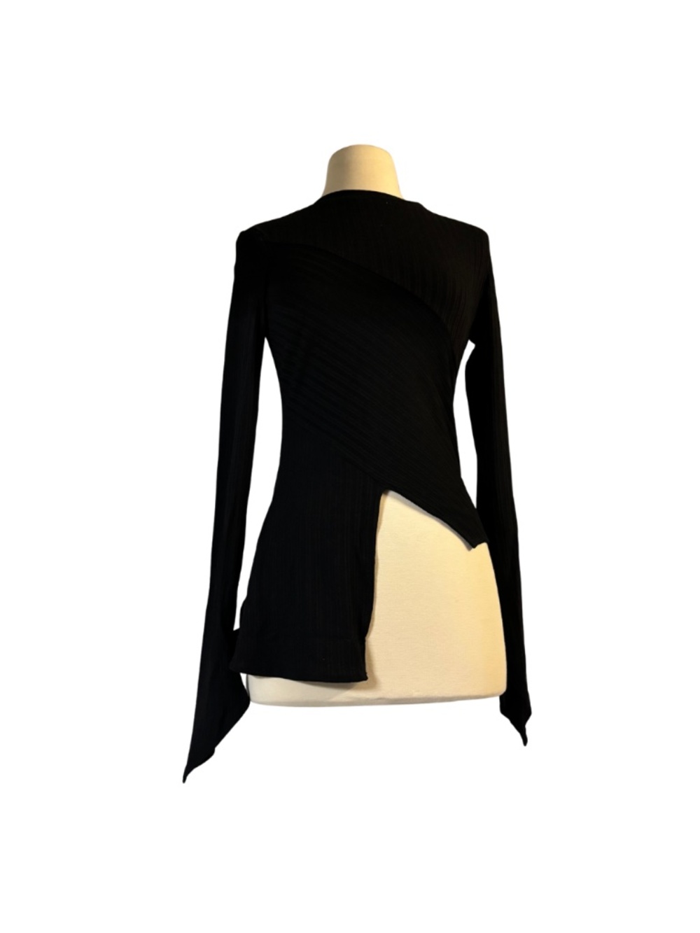 Black Long sleeve stop with asymmetrical hemline.